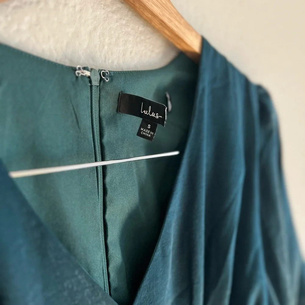 Love Dark Green Satin Faux-Wrap Midi Dress - Picture 7 of 8